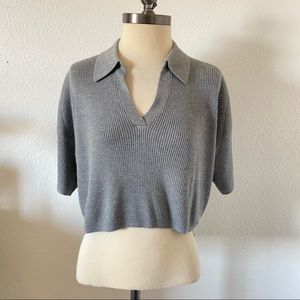 NWT Guess gray ribbed cropped top, with short sleeves and collar.